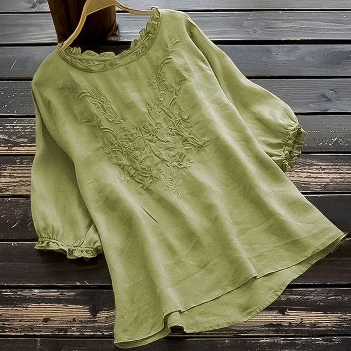 Buddha Stones Lässiges Damen-T-Shirt mit Stickerei, halben Puffärmeln, Rüschen, Rundhalsausschnitt, Baumwolle und Leinen - Hellgrün - US14， UK/AU18，EU46 (4XL) - image 0
