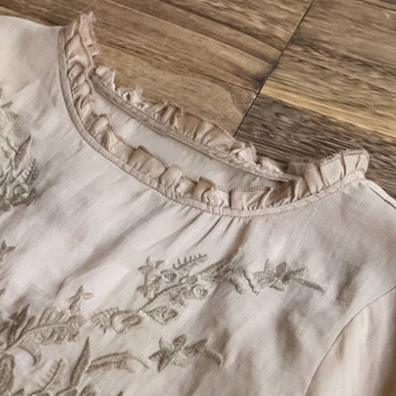 Buddha Stones Lässiges Damen-T-Shirt mit Stickerei, halben Puffärmeln, Rüschen, Rundhalsausschnitt, Baumwolle und Leinen - image 9