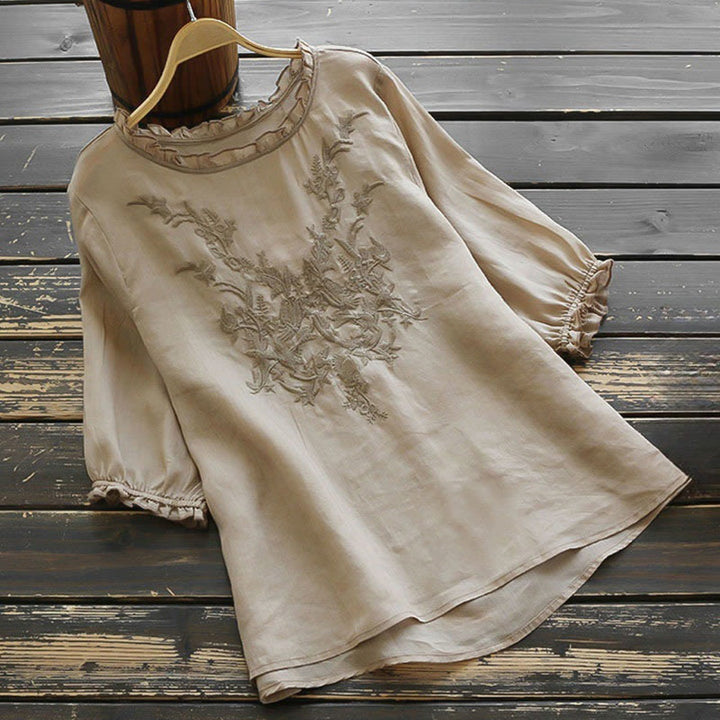 Buddha Stones Lässiges Damen-T-Shirt mit Stickerei, halben Puffärmeln, Rüschen, Rundhalsausschnitt, Baumwolle und Leinen - Bräunen - US14， UK/AU18，EU46 (4XL) - image 8