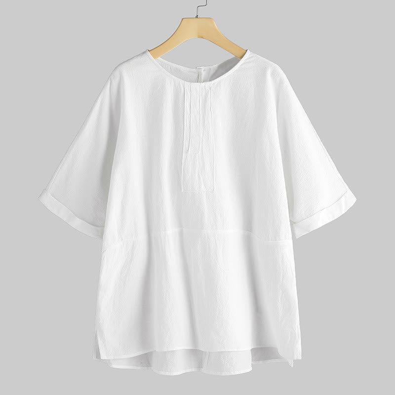 Buddha Stones Sommer Casual Plain Halbarm Rundhals Seitenschlitz Damen T-Shirt - BlumenWeiß - US20， UK/AU24，EU52 (5XL) - image 0