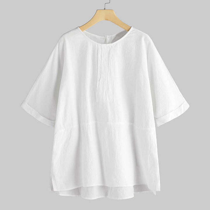 Buddha Stones Sommer Casual Plain Halbarm Rundhals Seitenschlitz Damen T-Shirt - BlumenWeiß - US20， UK/AU24，EU52 (5XL) - image 0