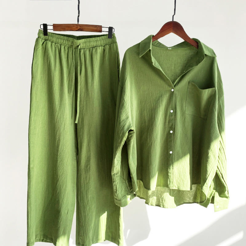 Buddha Stones 2-teiliges Langarm-Shirt-Oberteil mit Taschen und Kordelzughose, Meditationskleidung aus Baumwolle und Leinen für Damen - Limettengrün - US20， UK/AU24，EU52 (5XL) - image 0