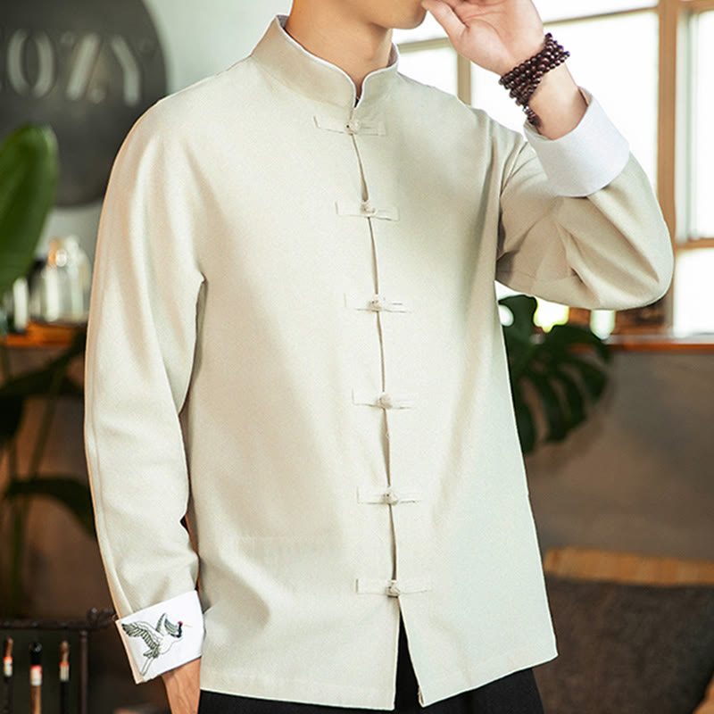 Buddha Stones Tang-Anzug Froschknopf Kranich Stickerei Langarm Herrenhemd aus Baumwolle - image 11