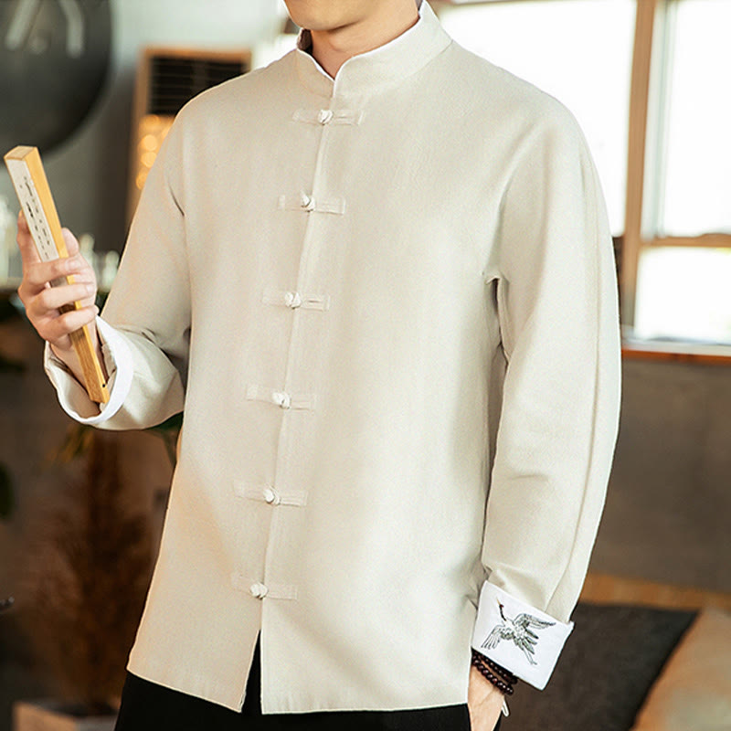 Buddha Stones Tang-Anzug Froschknopf Kranich Stickerei Langarm Herrenhemd aus Baumwolle - image 12