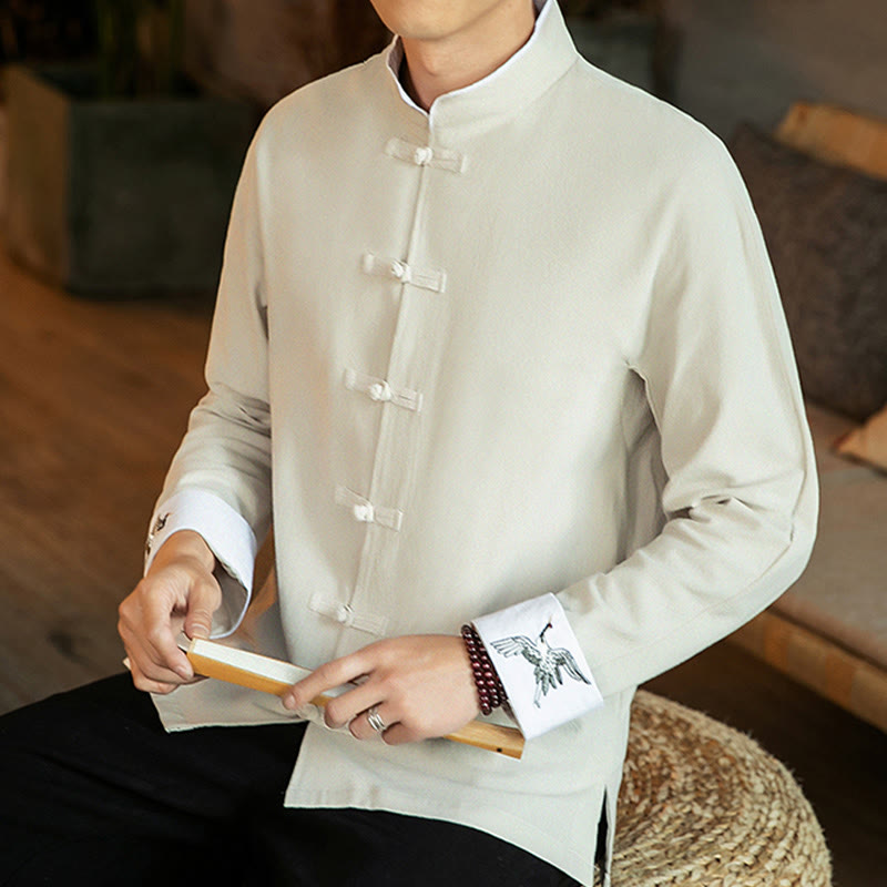 Buddha Stones Tang-Anzug Froschknopf Kranich Stickerei Langarm Herrenhemd aus Baumwolle - image 13