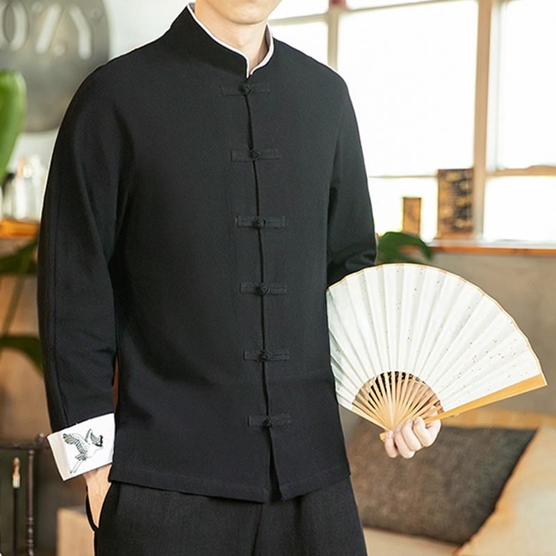 Buddha Stones Tang-Anzug Froschknopf Kranich Stickerei Langarm Herrenhemd aus Baumwolle - image 20