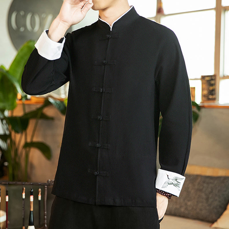 Buddha Stones Tang-Anzug Froschknopf Kranich Stickerei Langarm Herrenhemd aus Baumwolle - image 17