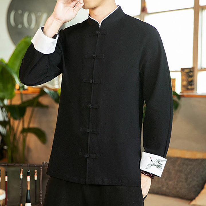 Buddha Stones Tang-Anzug Froschknopf Kranich Stickerei Langarm Herrenhemd aus Baumwolle - image 17