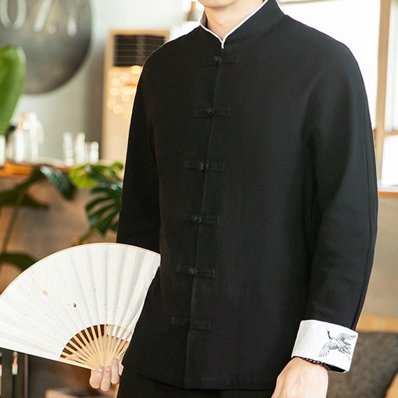 Buddha Stones Tang-Anzug Froschknopf Kranich Stickerei Langarm Herrenhemd aus Baumwolle - image 22