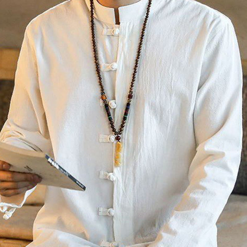 Buddha Stones Lässiges Herrenhemd aus Leinen mit Stehkragen und Froschknöpfen, langärmlig - image 4