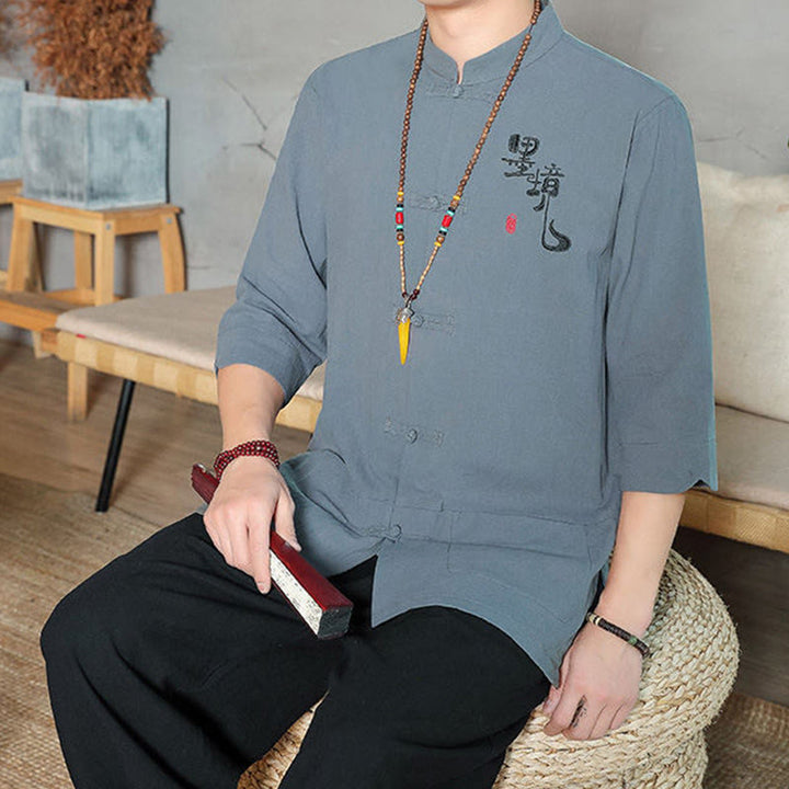 Buddha Stones Froschknopf Chinesischer Tang-Anzug Dreiviertelärmeliges Herrenhemd aus Baumwolle und Leinen - image 4