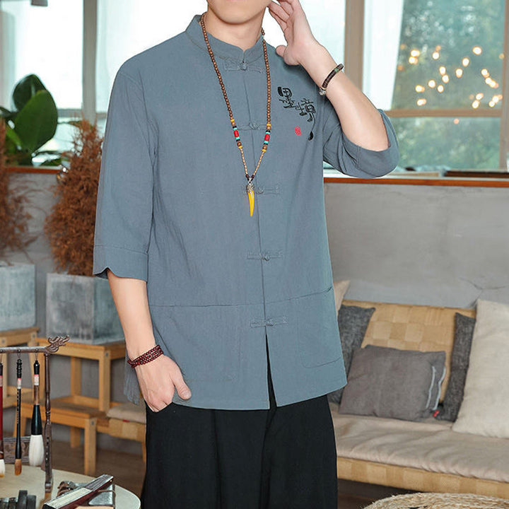 Buddha Stones Froschknopf Chinesischer Tang-Anzug Dreiviertelärmeliges Herrenhemd aus Baumwolle und Leinen - image 2
