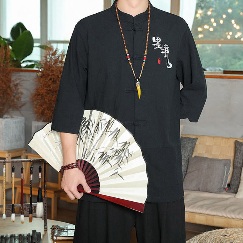 Buddha Stones Froschknopf Chinesischer Tang-Anzug Dreiviertelärmeliges Herrenhemd aus Baumwolle und Leinen - image 13