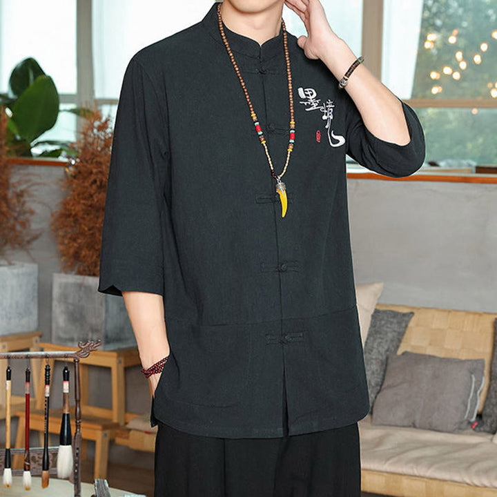 Buddha Stones Froschknopf Chinesischer Tang-Anzug Dreiviertelärmeliges Herrenhemd aus Baumwolle und Leinen - image 14