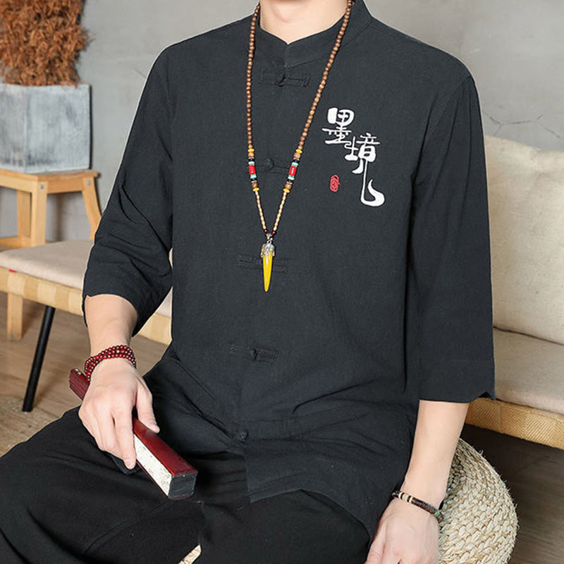Buddha Stones Froschknopf Chinesischer Tang-Anzug Dreiviertelärmeliges Herrenhemd aus Baumwolle und Leinen - image 15