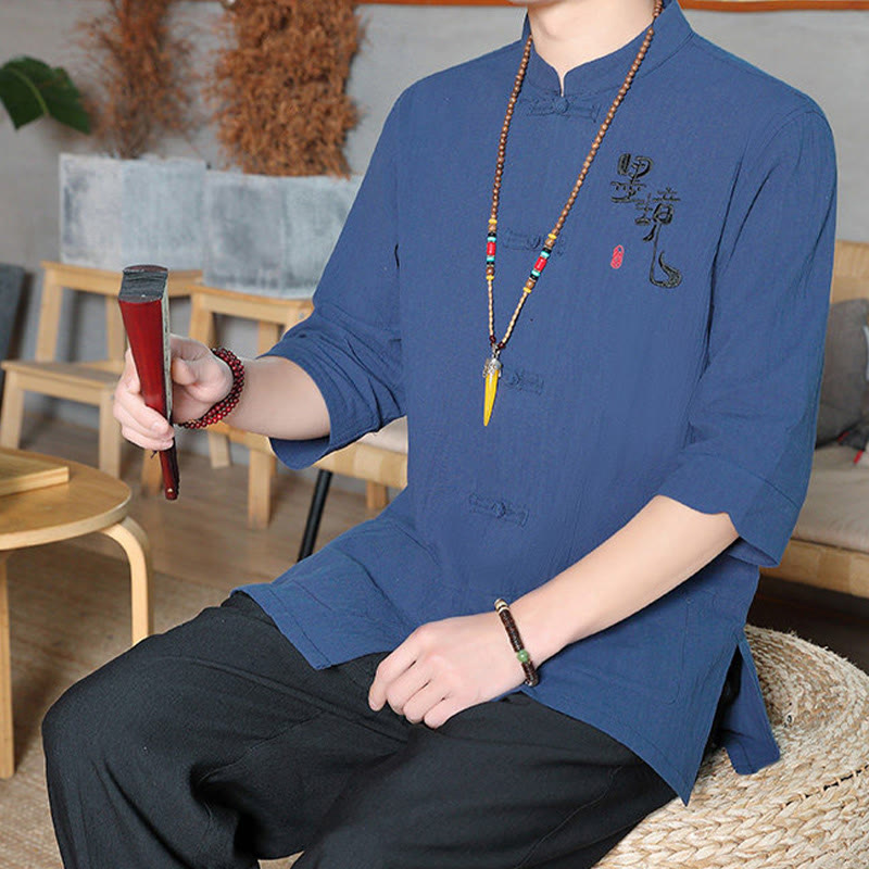 Buddha Stones Froschknopf Chinesischer Tang-Anzug Dreiviertelärmeliges Herrenhemd aus Baumwolle und Leinen - image 26