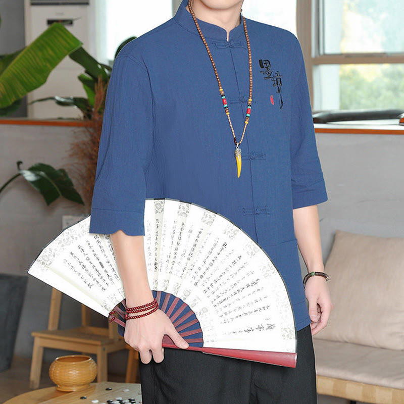 Buddha Stones Froschknopf Chinesischer Tang-Anzug Dreiviertelärmeliges Herrenhemd aus Baumwolle und Leinen - image 23