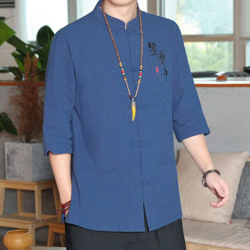 Buddha Stones Froschknopf Chinesischer Tang-Anzug Dreiviertelärmeliges Herrenhemd aus Baumwolle und Leinen - image 24