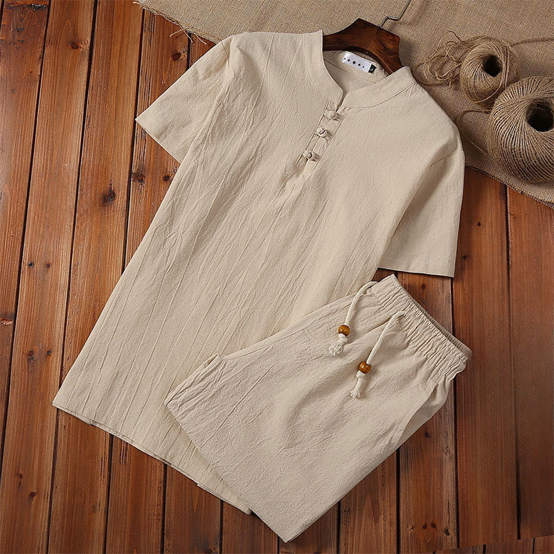 Buddha Stones 2-teiliger Tang-Anzug aus Baumwolle und Leinen mit Froschknöpfen, kurzärmelig, Hose, Kleidung für Herren - Beige - US/UK/AU46, EU56 (5XL) - image 3