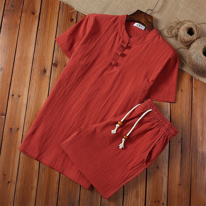 Buddha Stones 2-teiliger Tang-Anzug aus Baumwolle und Leinen mit Froschknöpfen, kurzärmelig, Hose, Kleidung für Herren - Rot - US/UK/AU46, EU56 (5XL) - image 13