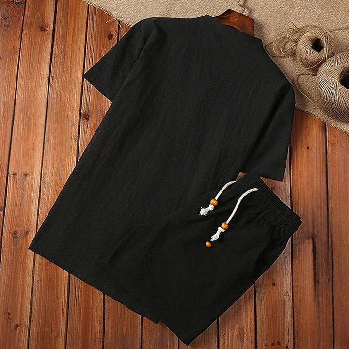 Buddha Stones 2-teiliger Tang-Anzug aus Baumwolle und Leinen mit Froschknöpfen, kurzärmelig, Hose, Kleidung für Herren - image 2