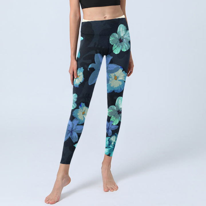 Buddha Stones Grün Blau Blumendruck Übung Leggings Damen Yoga Hose - image 5