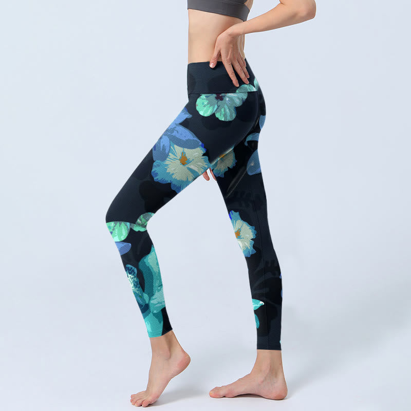 Buddha Stones Grün Blau Blumendruck Übung Leggings Damen Yoga Hose - image 3