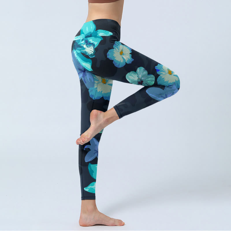 Buddha Stones Grün Blau Blumendruck Übung Leggings Damen Yoga Hose - image 3