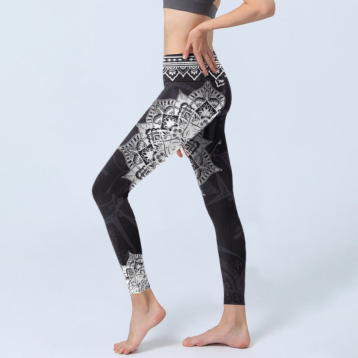 Buddha Stones Schwarze Mandala Blumen Druck Übung Leggings Damen Yoga Hose - image 3