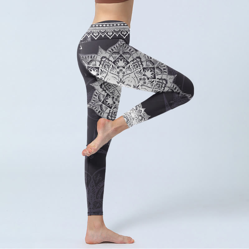 Buddha Stones Schwarze Mandala Blumen Druck Übung Leggings Damen Yoga Hose - image 3