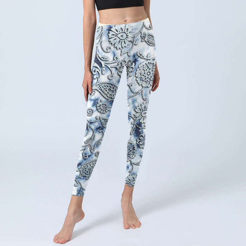 Buddha Stones Weiße runde Blumen Druck Übung Leggings Damen Yoga Hose - image 6