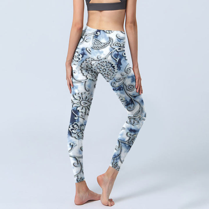 Buddha Stones Weiße runde Blumen Druck Übung Leggings Damen Yoga Hose - image 5