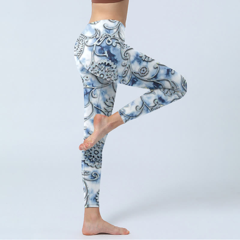 Buddha Stones Weiße runde Blumen Druck Übung Leggings Damen Yoga Hose - image 3