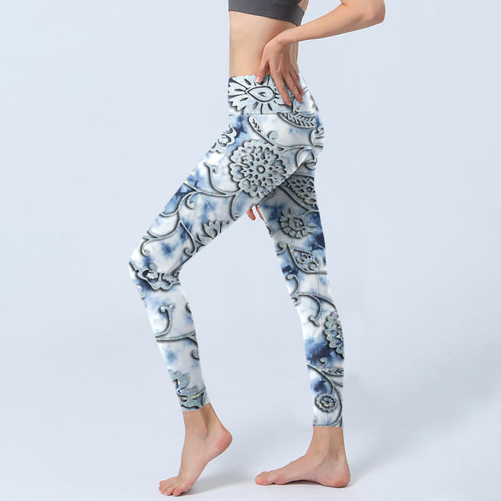 Buddha Stones Weiße runde Blumen Druck Übung Leggings Damen Yoga Hose - image 3