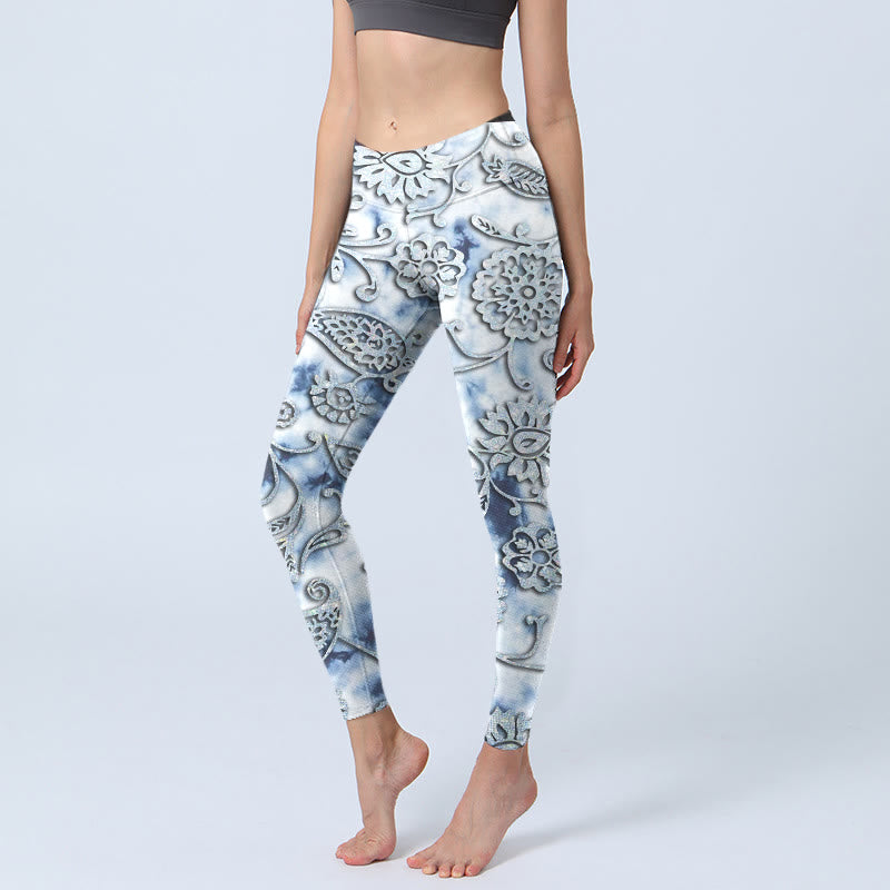 Buddha Stones Weiße runde Blumen Druck Übung Leggings Damen Yoga Hose - Schnee - US18， UK/AU22，EU50 (4XL) - image 1