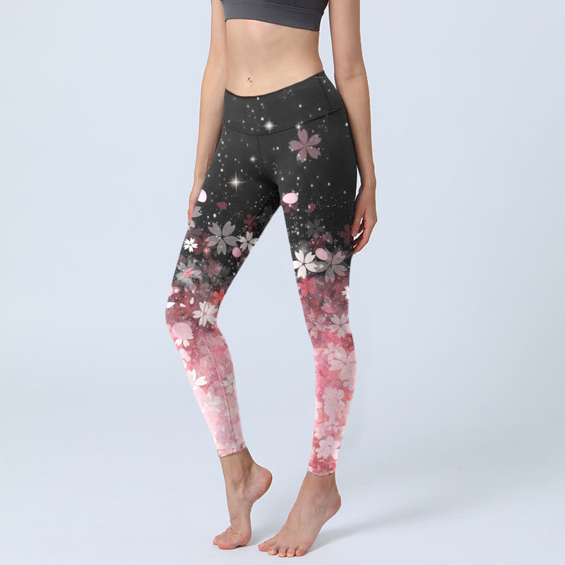 Buddha Stones Pink Cherry Blossoms Print Übungsleggings Damen Yogahose - Schwarz - US18， UK/AU22，EU50 (4XL) - image 1