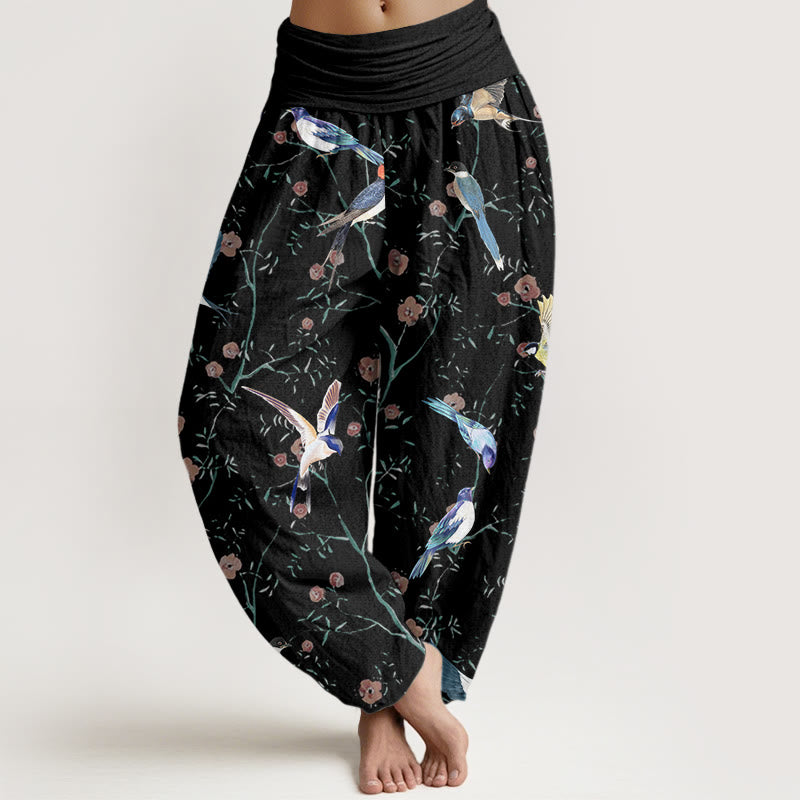 Buddha Stones Lässige Haremshose für Damen mit elastischer Taille und Vogel-Blumen-Blatt-Muster - Schwarz - US22， UK/AU26，EU54 (6XL) - image 1