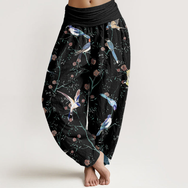 Buddha Stones Lässige Haremshose für Damen mit elastischer Taille und Vogel-Blumen-Blatt-Muster - Schwarz - US22， UK/AU26，EU54 (6XL) - image 1
