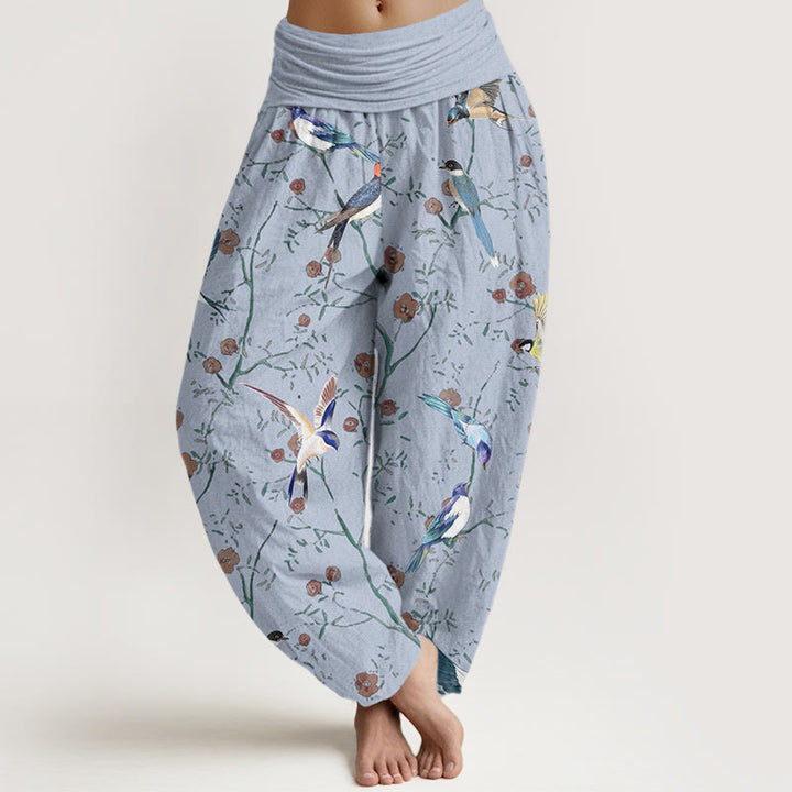 Buddha Stones Lässige Haremshose für Damen mit elastischer Taille und Vogel-Blumen-Blatt-Muster - HellHimmelBlau - US22， UK/AU26，EU54 (6XL) - image 5