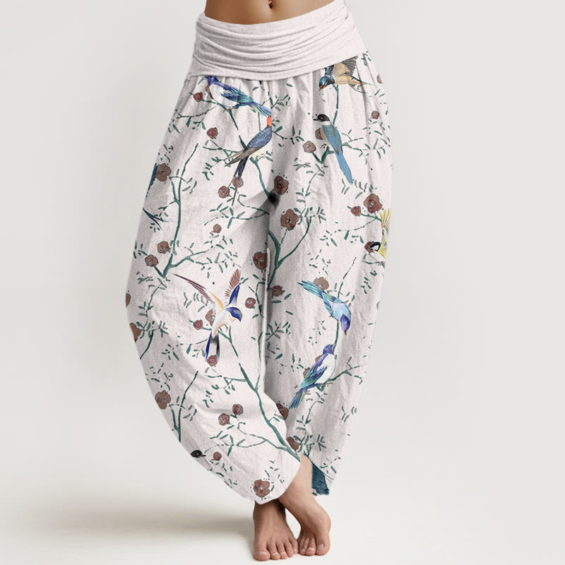 Buddha Stones Lässige Haremshose für Damen mit elastischer Taille und Vogel-Blumen-Blatt-Muster - Weißer Rauch - US22， UK/AU26，EU54 (6XL) - image 8