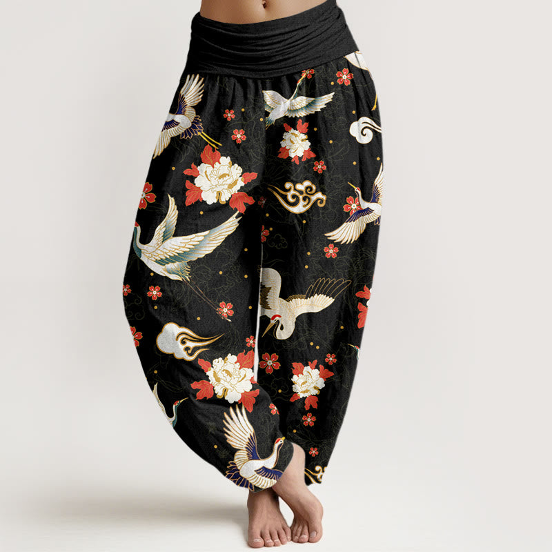 Buddha Stones Lässige Haremshose mit Mandschurenkranich, Pfingstrosenblüte und Kirschblütenmuster für Damen mit elastischer Taille - Schwarz - US22， UK/AU26，EU54 (6XL) - image 1
