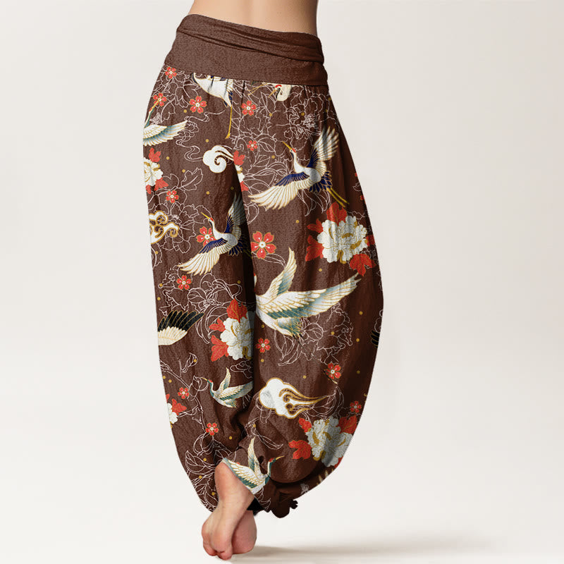 Buddha Stones Lässige Haremshose mit Mandschurenkranich, Pfingstrosenblüte und Kirschblütenmuster für Damen mit elastischer Taille - image 7