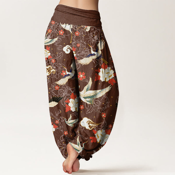 Buddha Stones Lässige Haremshose mit Mandschurenkranich, Pfingstrosenblüte und Kirschblütenmuster für Damen mit elastischer Taille - image 7