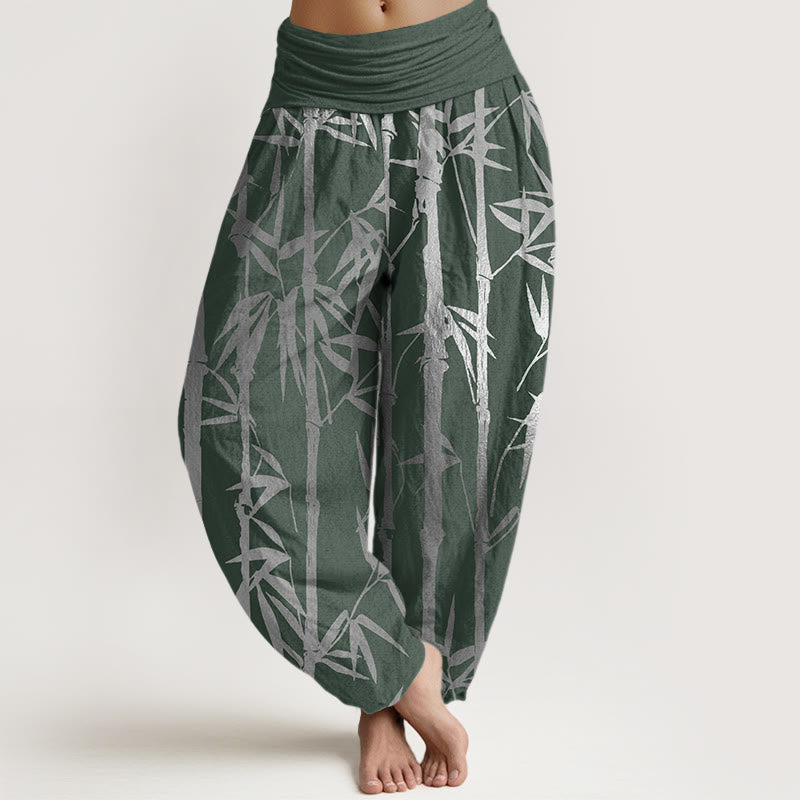 Lässige Haremshose mit Buddha Stones und Bambusstämmen und Blättern, elastische Taille für Damen - DunkelMeergrün - US22， UK/AU26，EU54 (6XL) - image 1