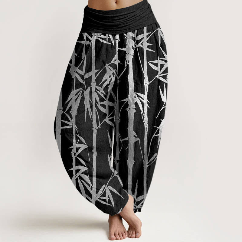 Lässige Haremshose mit Buddha Stones und Bambusstämmen und Blättern, elastische Taille für Damen - Schwarz - US22， UK/AU26，EU54 (6XL) - image 5