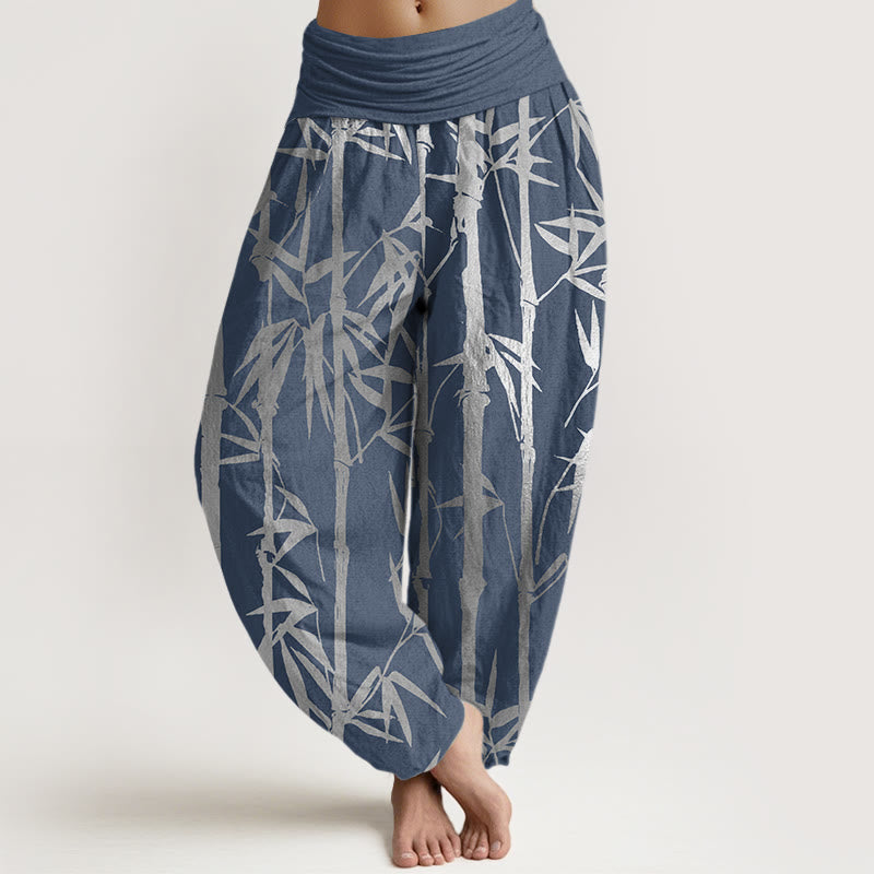 Lässige Haremshose mit Buddha Stones und Bambusstämmen und Blättern, elastische Taille für Damen - Stahlblau - US22， UK/AU26，EU54 (6XL) - image 8