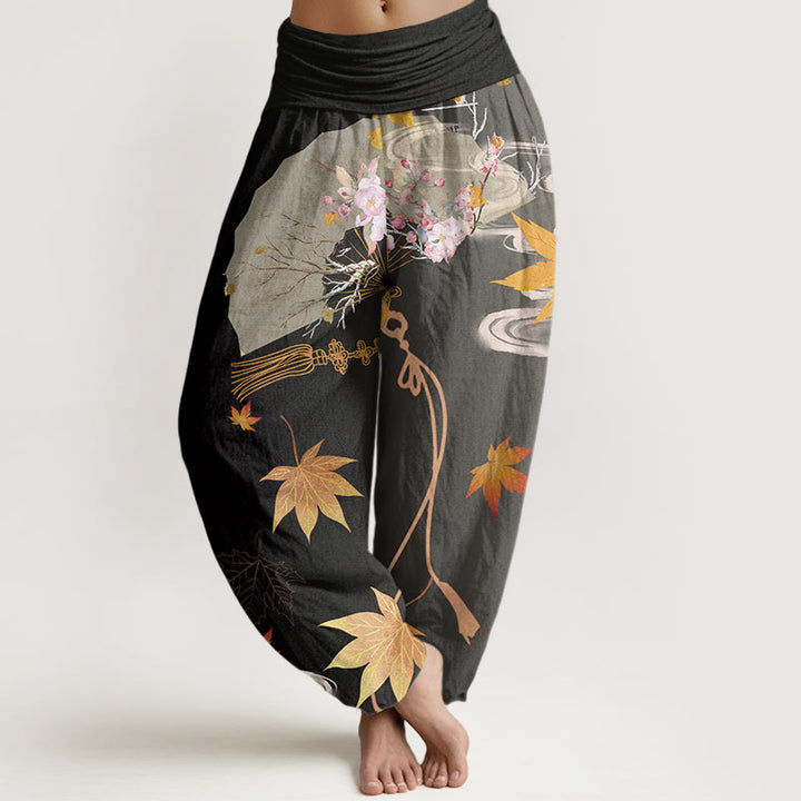 Lässige Haremshose mit Buddha Stones, faltbarem Fächer, Blumen, Ahornblättern, Wolkenmuster, elastischer Bund für Damen - Schwarz - US22， UK/AU26，EU54 (6XL) - image 1