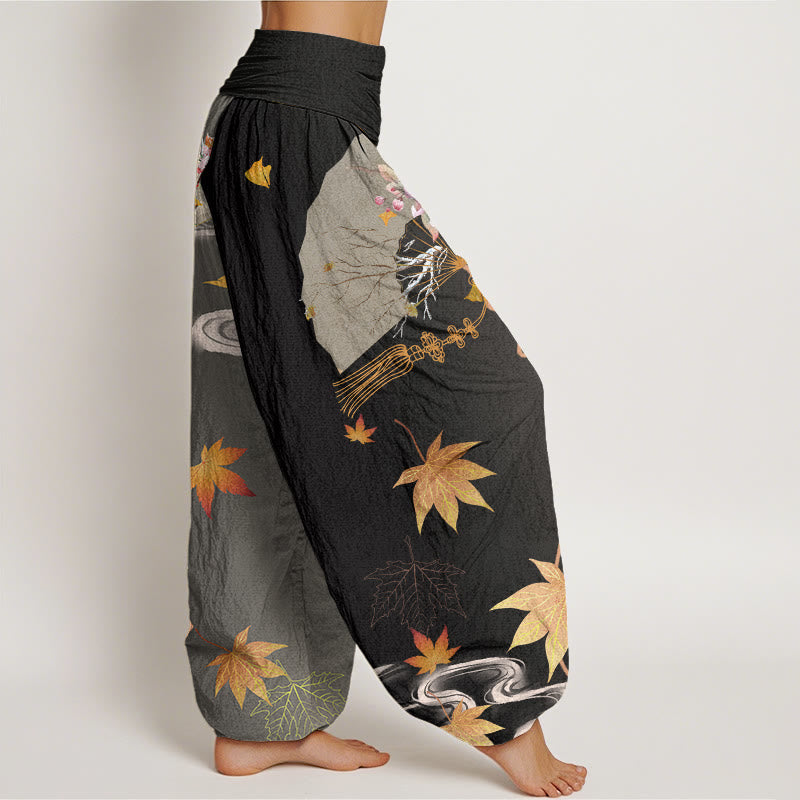 Lässige Haremshose mit Buddha Stones, faltbarem Fächer, Blumen, Ahornblättern, Wolkenmuster, elastischer Bund für Damen - image 2