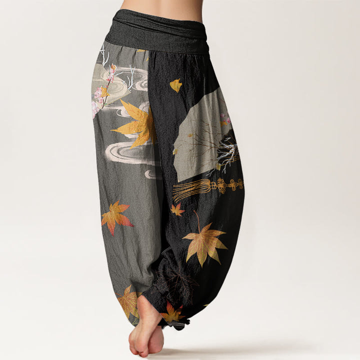 Lässige Haremshose mit Buddha Stones, faltbarem Fächer, Blumen, Ahornblättern, Wolkenmuster, elastischer Bund für Damen - image 3