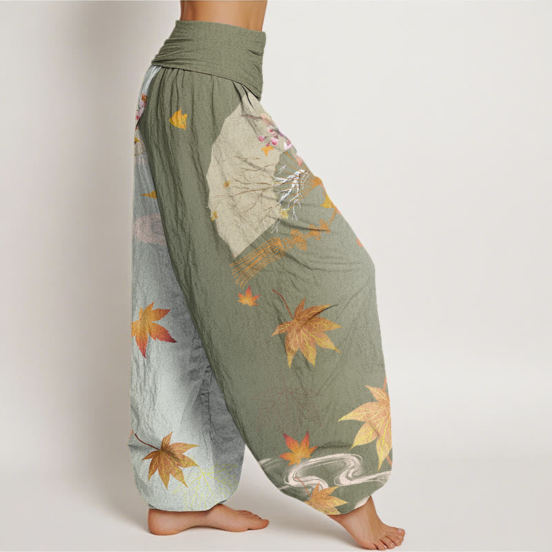Lässige Haremshose mit Buddha Stones, faltbarem Fächer, Blumen, Ahornblättern, Wolkenmuster, elastischer Bund für Damen - image 6